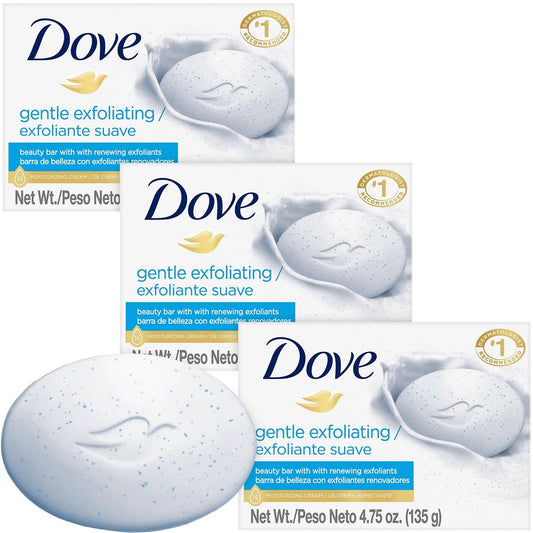 Dove Seifenstück, Sanftes Peeling Schönheitsbarren 3er-Pack – 3-in-1 Feuchtigkeitsspendende Gesichts-, Körper- & Handseife, 4,75 Oz pro Stück