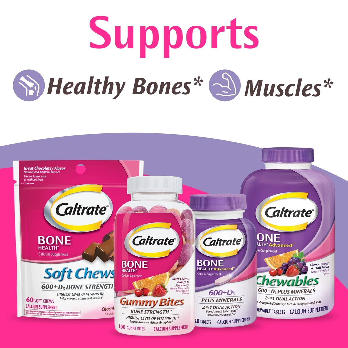 Caltrate Gummy Bites 500 mg Calcium und Vitamin D Supplement, Kirsche, Erdbeere, Orange - 50 Stück