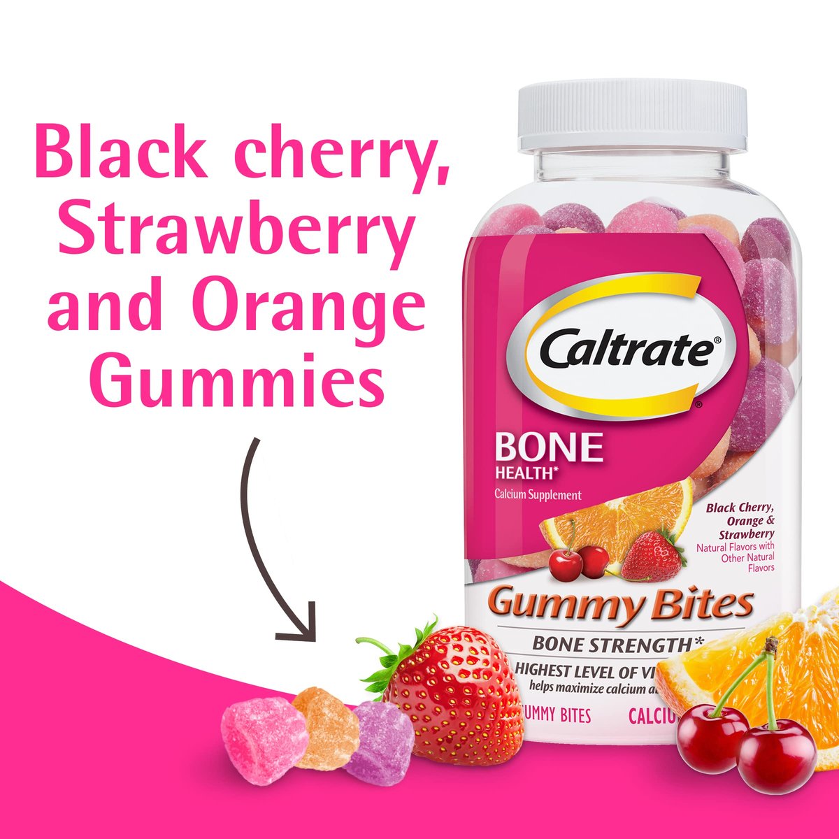 Caltrate Gummy Bites 500 mg Calcium und Vitamin D Supplement, Kirsche, Erdbeere, Orange - 50 Stück