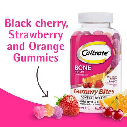 Caltrate Gummy Bites 500 mg Calcium und Vitamin D Supplement, Kirsche, Erdbeere, Orange - 50 Stück