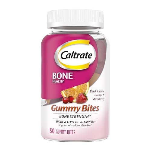 Caltrate Gummy Bites 500 mg Calcium und Vitamin D Supplement, Kirsche, Erdbeere, Orange - 50 Stück