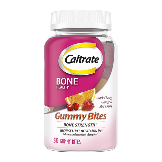 Caltrate Gummy Bites 500 mg Calcium und Vitamin D Supplement, Kirsche, Erdbeere, Orange - 50 Stück