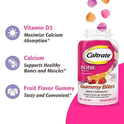 Caltrate Gummy Bites 500 mg Calcium und Vitamin D Supplement, Kirsche, Erdbeere, Orange - 50 Stück