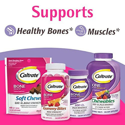 Caltrate Gummy Bites 500 mg Calcium und Vitamin D Supplement, Kirsche, Erdbeere, Orange - 50 Stück
