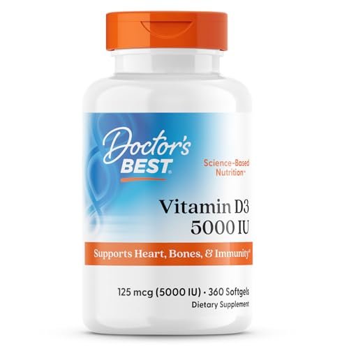 Doctor's Best Vitamin D3 5000 IE Weichkapseln für Männer & Frauen - Vitamin-D-Präparat zur Unterstützung des Immunsystems und der Herzgesundheit, 125 µg pro Portion, Nicht-GVO, Glutenfrei, Sojafrei - 360 Weichkapseln