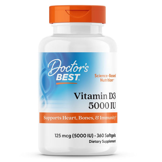 Doctor's Best Vitamin D3 5000 IE Weichkapseln für Männer & Frauen - Vitamin-D-Präparat zur Unterstützung des Immunsystems und der Herzgesundheit, 125 µg pro Portion, Nicht-GVO, Glutenfrei, Sojafrei - 360 Weichkapseln