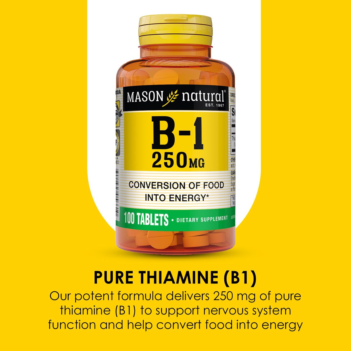 MASON NATURAL Vitamin B1 Thiamin 250 mg, 100 Kapseln, Nahrungsergänzungsmittel, Unterstützt Energieproduktion & gesunden Stoffwechsel