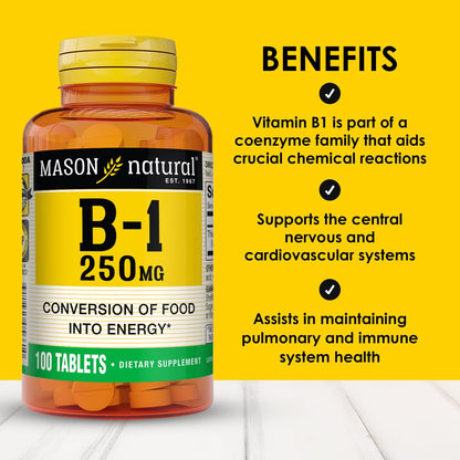 MASON NATURAL Vitamin B1 Thiamin 250 mg, 100 Kapseln, Nahrungsergänzungsmittel, Unterstützt Energieproduktion & gesunden Stoffwechsel