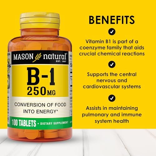 MASON NATURAL Vitamin B1 Thiamin 250 mg, 100 Kapseln, Nahrungsergänzungsmittel, Unterstützt Energieproduktion & gesunden Stoffwechsel
