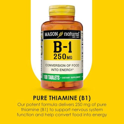 MASON NATURAL Vitamin B1 Thiamin 250 mg, 100 Kapseln, Nahrungsergänzungsmittel, Unterstützt Energieproduktion & gesunden Stoffwechsel