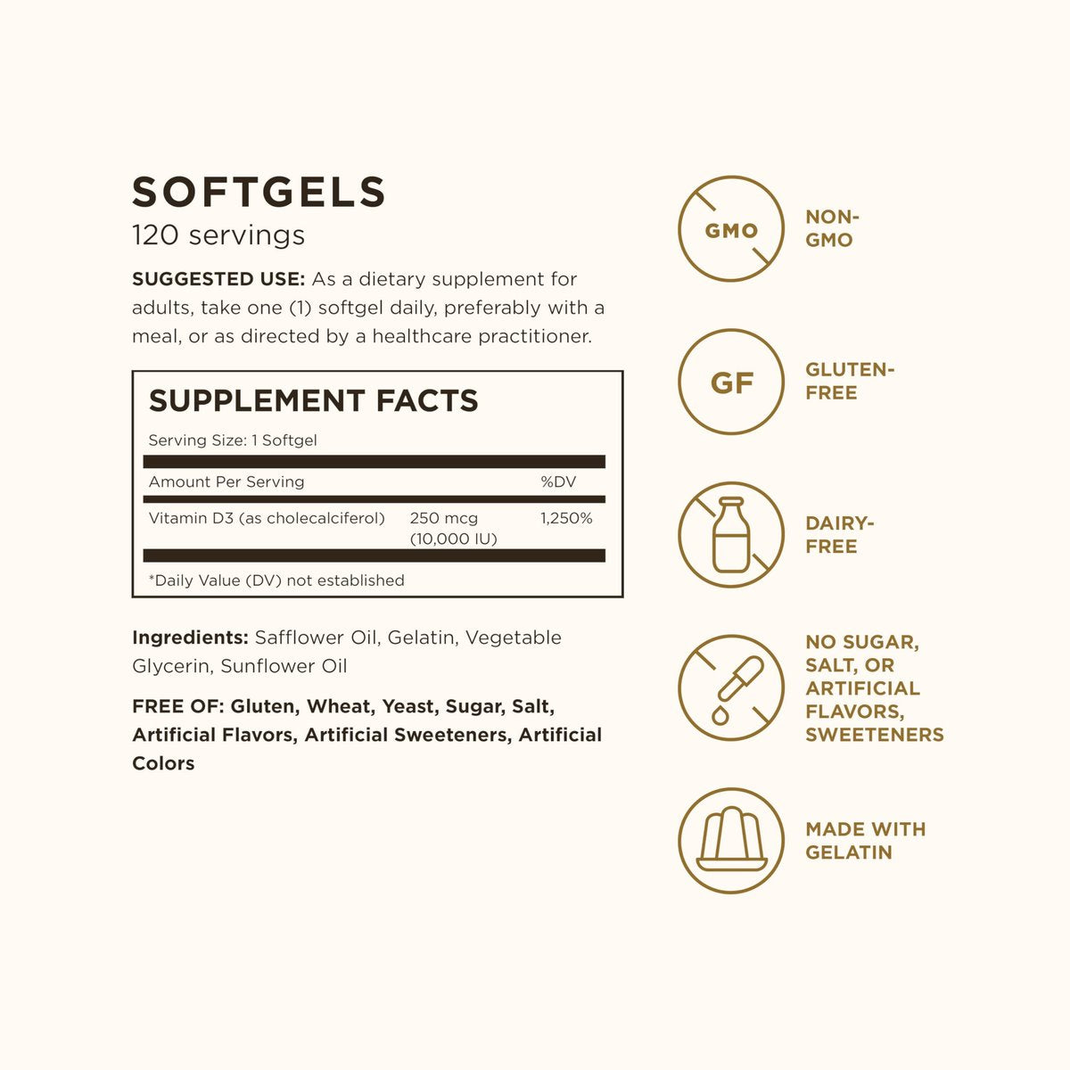 Solgar Vitamin D3 250 MCG (10.000 IE) – 120 Kapseln – Für starke Knochen, Zähne und Immunsystem – Non-GMO, glutenfrei, laktosefrei