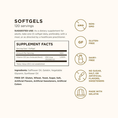 Solgar Vitamin D3 250 MCG (10.000 IE) – 120 Kapseln – Für starke Knochen, Zähne und Immunsystem – Non-GMO, glutenfrei, laktosefrei