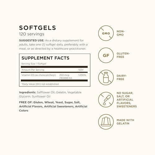 Solgar Vitamin D3 250 MCG (10.000 IE) – 120 Kapseln – Für starke Knochen, Zähne und Immunsystem – Non-GMO, glutenfrei, laktosefrei