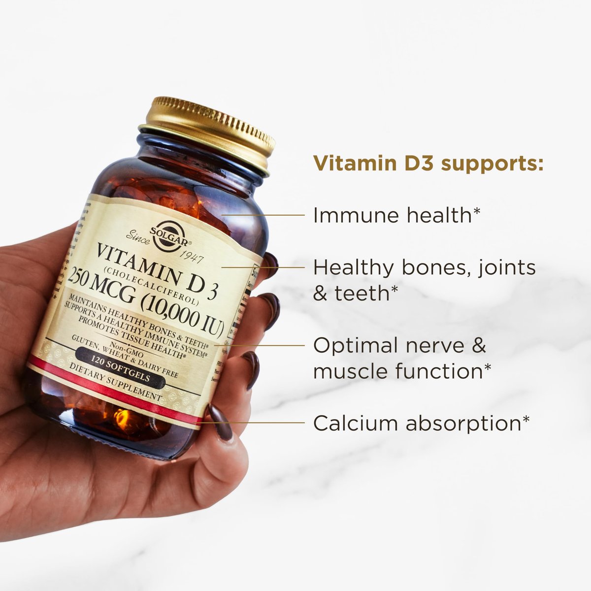 Solgar Vitamin D3 250 MCG (10.000 IE) – 120 Kapseln – Für starke Knochen, Zähne und Immunsystem – Non-GMO, glutenfrei, laktosefrei