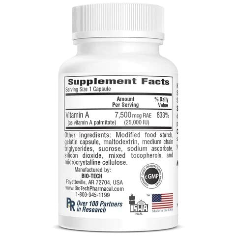 A-25 Vitamin A Palmitat Nahrungsergänzungsmittel für Sehkraft, Immunsystem, Zellwachstum und Knochenstoffwechsel - 100 Kapseln