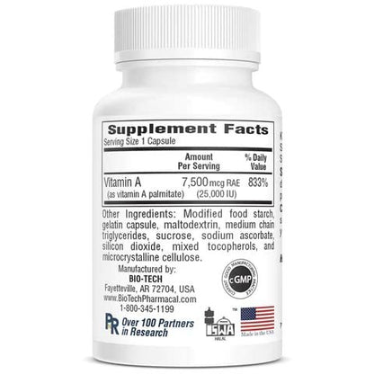 A-25 Vitamin A Palmitat Nahrungsergänzungsmittel für Sehkraft, Immunsystem, Zellwachstum und Knochenstoffwechsel - 100 Kapseln
