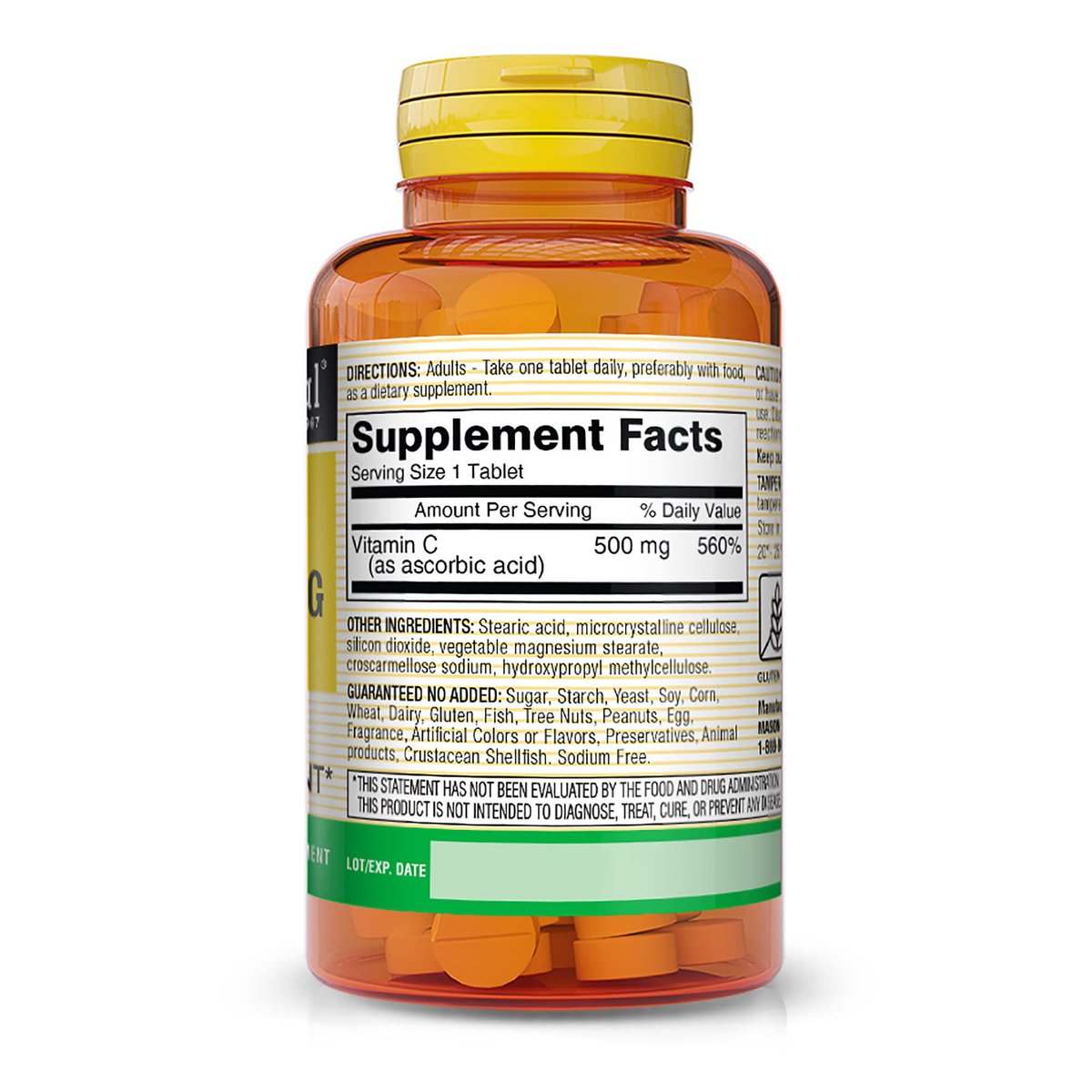 Mason Natural Vitamin C 500 mg – Tägliches Nahrungsergänzungsmittel mit essentiellen Nährstoffen zur Unterstützung der Immunfunktion und des allgemeinen Wohlbefindens, 100 Tabletten (1er-Pack)