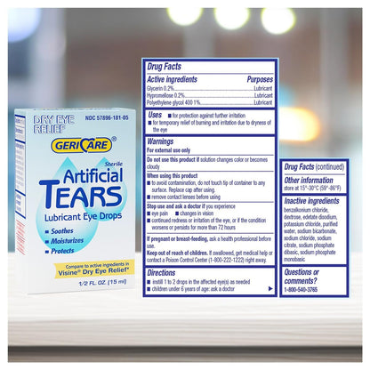 GeriCare Künstliche Tränen, beruhigende Augentropfen zur Befeuchtung - langanhaltende Formel, 15 ml Flasche (1er-Pack)