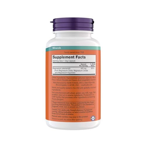 NOW Foods Magnesium 400 mg – 360 vegane Kapseln zur Unterstützung von Energieproduktion, Enzymfunktion und Nervensystem