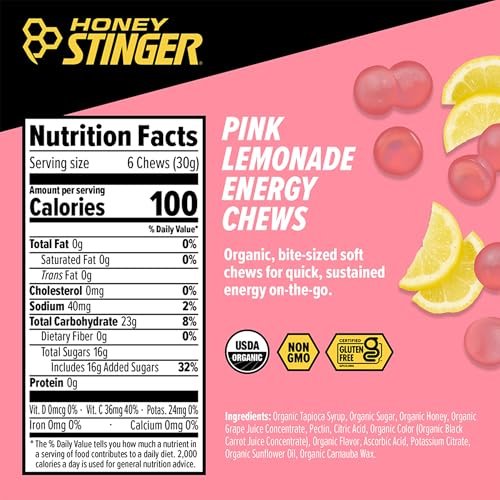 Honey Stinger Bio-Zitronenlimonade Energie-Kaugummi, glutenfrei & koffeinfrei, für Training, Laufen und Leistung, Sportnahrung für Zuhause & Fitnessstudio, vor und während dem Training, 612 g (12er-Pack)