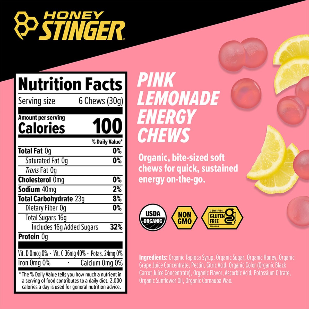 Honey Stinger Bio-Zitronenlimonade Energie-Kaugummi, glutenfrei & koffeinfrei, für Training, Laufen und Leistung, Sportnahrung für Zuhause & Fitnessstudio, vor und während dem Training, 612 g (12er-Pack)