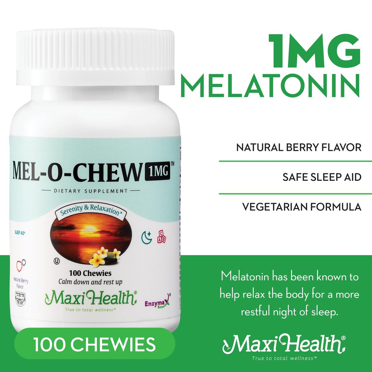 Maxi Health Melatonin 1mg Kautabletten – Einschlafhilfe zur Förderung des natürlichen Schlafs – Nicht gewohnheitsbildendes Nahrungsergänzungsmittel mit Enzymax für schnelle Wirkung, koscher (100 Stück)