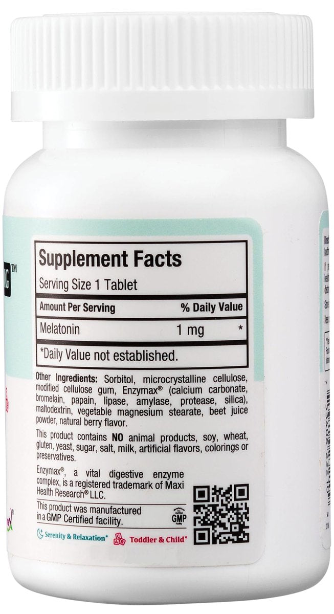Maxi Health Melatonin 1mg Kautabletten – Einschlafhilfe zur Förderung des natürlichen Schlafs – Nicht gewohnheitsbildendes Nahrungsergänzungsmittel mit Enzymax für schnelle Wirkung, koscher (100 Stück)