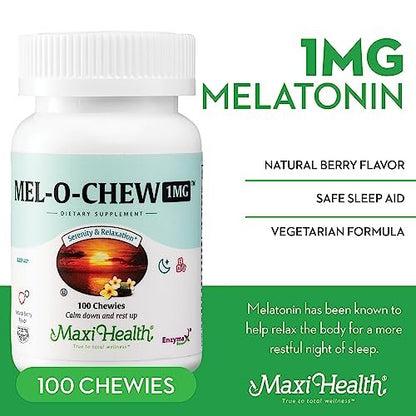 Maxi Health Melatonin 1mg Kautabletten – Einschlafhilfe zur Förderung des natürlichen Schlafs – Nicht gewohnheitsbildendes Nahrungsergänzungsmittel mit Enzymax für schnelle Wirkung, koscher (100 Stück)