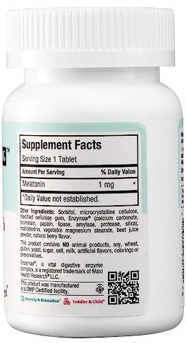 Maxi Health Melatonin 1mg Kautabletten – Einschlafhilfe zur Förderung des natürlichen Schlafs – Nicht gewohnheitsbildendes Nahrungsergänzungsmittel mit Enzymax für schnelle Wirkung, koscher (100 Stück)