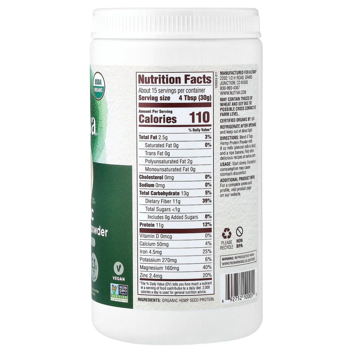 Nutiva Bio Hanfproteinpulver – roh, kaltgepresst, ballaststoffreich, 454 g