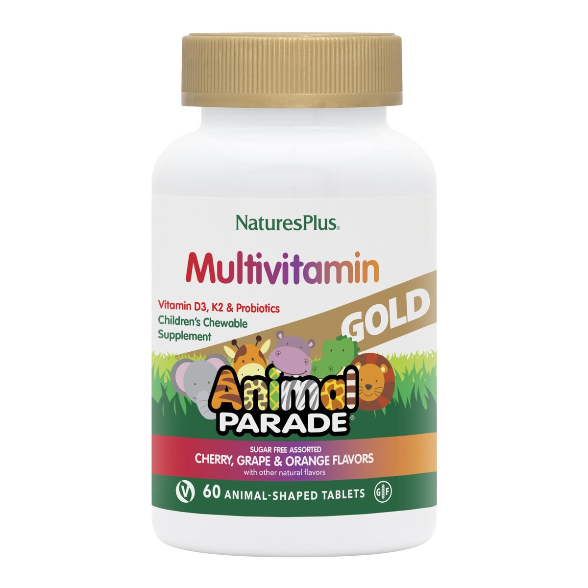 NaturesPlus Animal Parade Source of Life Gold Kinder Multivitamin zum Kauen - Mischung aus Kirsch-, Orangen- und Traubengeschmack - 60 Kautabletten - Vegetarisch, Glutenfrei - 30 Portionen