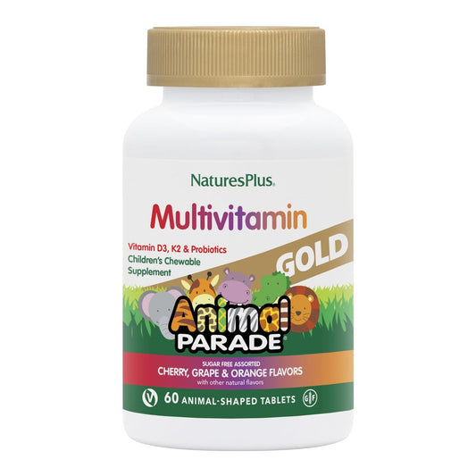 NaturesPlus Animal Parade Source of Life Gold Kinder Multivitamin zum Kauen - Mischung aus Kirsch-, Orangen- und Traubengeschmack - 60 Kautabletten - Vegetarisch, Glutenfrei - 30 Portionen