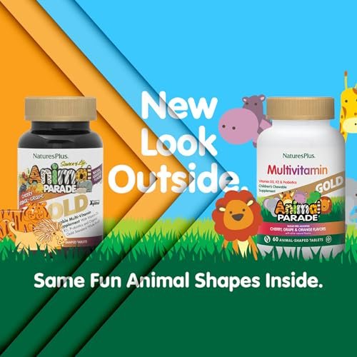 NaturesPlus Animal Parade Source of Life Gold Kinder Multivitamin zum Kauen - Mischung aus Kirsch-, Orangen- und Traubengeschmack - 60 Kautabletten - Vegetarisch, Glutenfrei - 30 Portionen