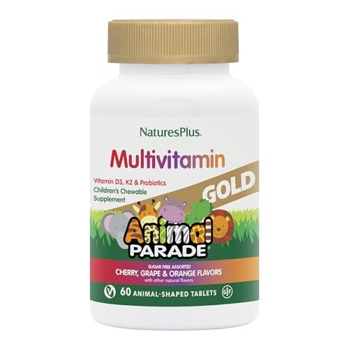 NaturesPlus Animal Parade Source of Life Gold Kinder Multivitamin zum Kauen - Mischung aus Kirsch-, Orangen- und Traubengeschmack - 60 Kautabletten - Vegetarisch, Glutenfrei - 30 Portionen