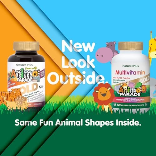 NaturesPlus Animal Parade Gold Kinder Multivitamin - 120 Kautabletten in Tierform - Kirsch-, Orangen- & Traubengeschmack - Vegetarisch, Glutenfrei - 60 Portionen
