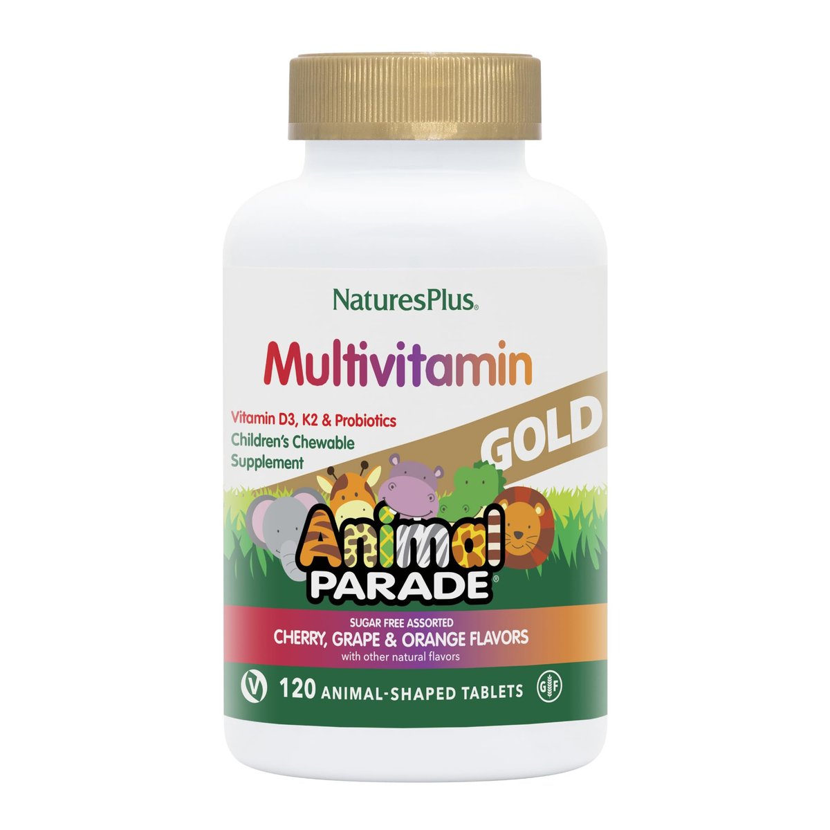 NaturesPlus Animal Parade Gold Kinder Multivitamin - 120 Kautabletten in Tierform - Kirsch-, Orangen- & Traubengeschmack - Vegetarisch, Glutenfrei - 60 Portionen
