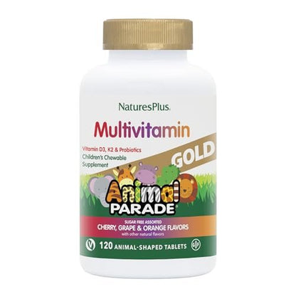 NaturesPlus Animal Parade Gold Kinder Multivitamin - 120 Kautabletten in Tierform - Kirsch-, Orangen- & Traubengeschmack - Vegetarisch, Glutenfrei - 60 Portionen