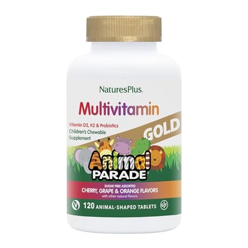 NaturesPlus Animal Parade Gold Kinder Multivitamin - 120 Kautabletten in Tierform - Kirsch-, Orangen- & Traubengeschmack - Vegetarisch, Glutenfrei - 60 Portionen