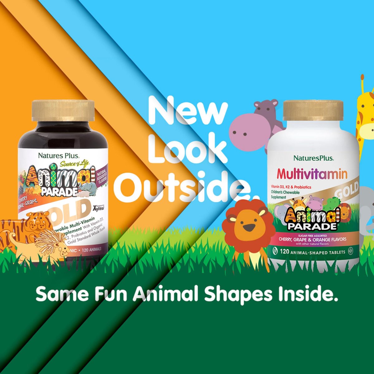 NaturesPlus Animal Parade Gold Kinder Multivitamin - 120 Kautabletten in Tierform - Kirsch-, Orangen- & Traubengeschmack - Vegetarisch, Glutenfrei - 60 Portionen
