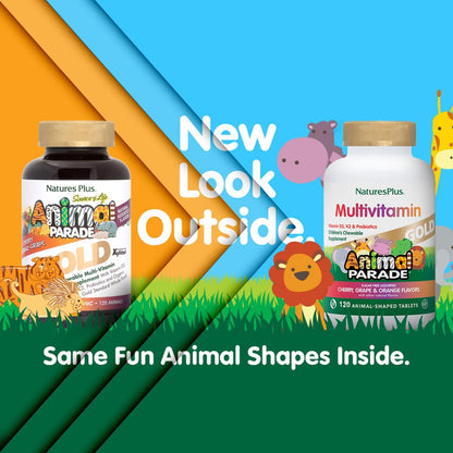 NaturesPlus Animal Parade Gold Kinder Multivitamin - 120 Kautabletten in Tierform - Kirsch-, Orangen- & Traubengeschmack - Vegetarisch, Glutenfrei - 60 Portionen