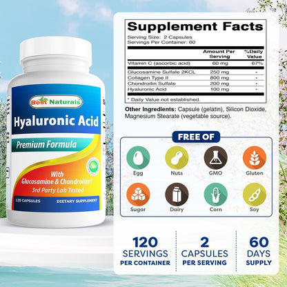 Best Naturals Hyaluronsäure 100 mg 120 Kapseln – Unterstützt gesunde Gelenke und jugendliche Haut
