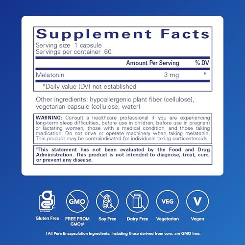 Pure Encapsulations Melatonin 3 mg – Antioxidans zur Unterstützung des natürlichen Schlafs & Linderung gelegentlicher Schlaflosigkeit – 60 Kapseln