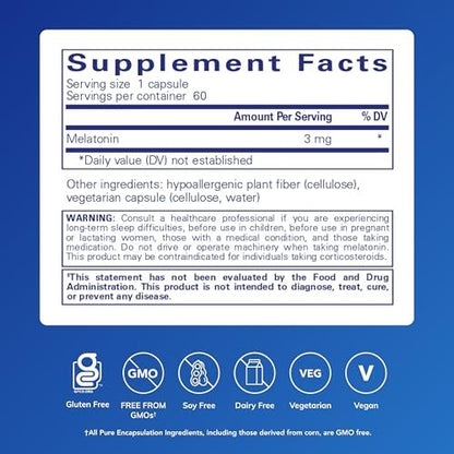 Pure Encapsulations Melatonin 3 mg – Antioxidans zur Unterstützung des natürlichen Schlafs & Linderung gelegentlicher Schlaflosigkeit – 60 Kapseln
