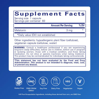 Pure Encapsulations Melatonin 3 mg – Antioxidans zur Unterstützung des natürlichen Schlafs & Linderung gelegentlicher Schlaflosigkeit – 60 Kapseln