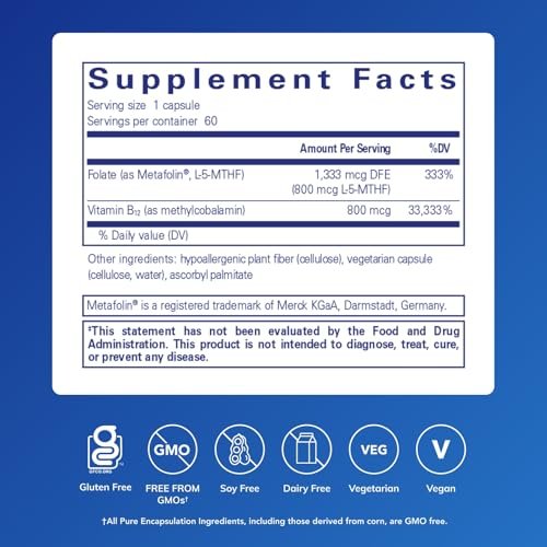 Pure Encapsulations B12 Folat – Energie, Nerven & kognitive Unterstützung mit Metafolin, 60 Kapseln