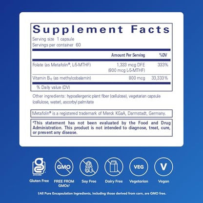 Pure Encapsulations B12 Folat – Energie, Nerven & kognitive Unterstützung mit Metafolin, 60 Kapseln