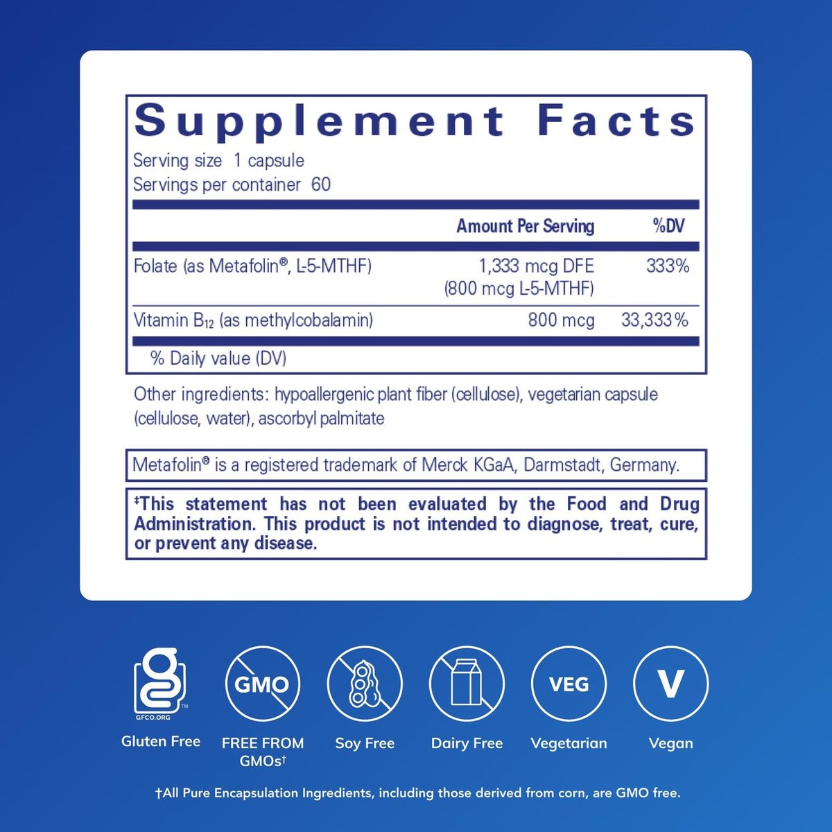 Pure Encapsulations B12 Folat – Energie, Nerven & kognitive Unterstützung mit Metafolin, 60 Kapseln