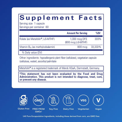Pure Encapsulations B12 Folat – Energie, Nerven & kognitive Unterstützung mit Metafolin, 60 Kapseln
