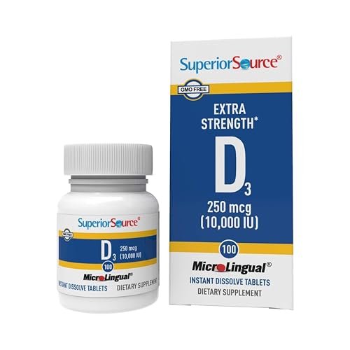 Superior Source Vitamin D3 10.000 IE – 100 Mikro-Lingualtabletten, schnell lösliche Nahrungsergänzung für starke Knochen & Zähne, Immununterstützung, nicht-GVO