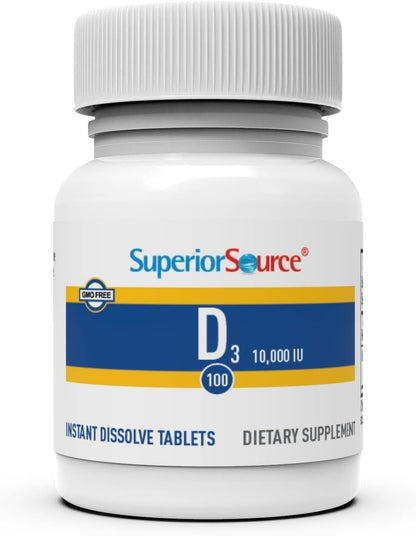 Superior Source Vitamin D3 10.000 IE – 100 Mikro-Lingualtabletten, schnell lösliche Nahrungsergänzung für starke Knochen & Zähne, Immununterstützung, nicht-GVO